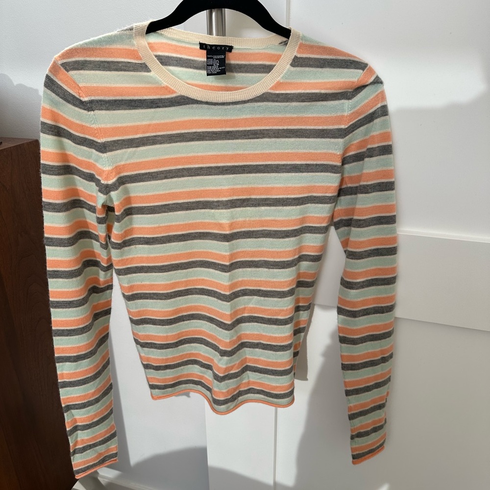 Theory 100% Cashmere Striped Crew Neck Sweater